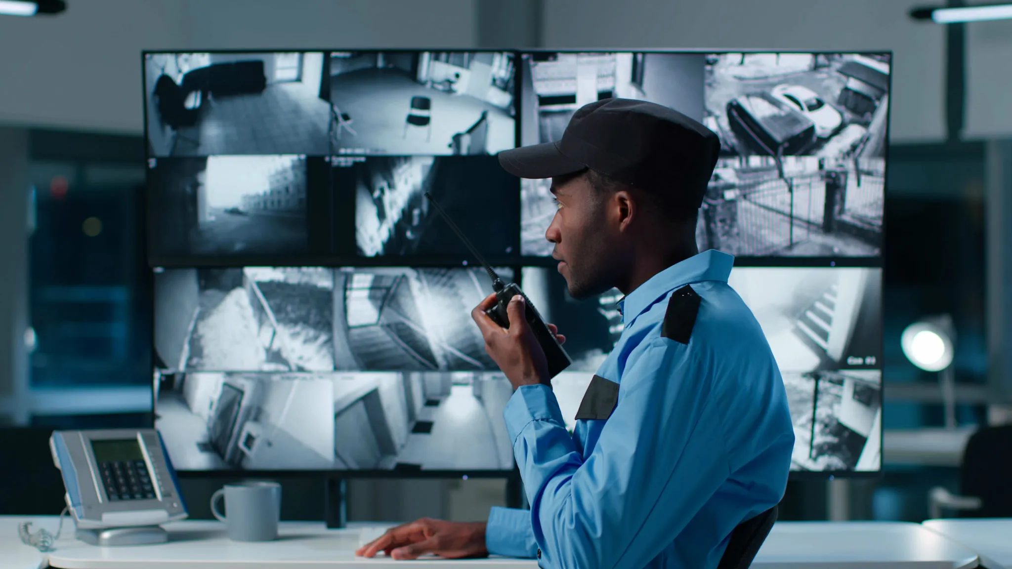 Security officer monitoring a wall of CCTV feeds